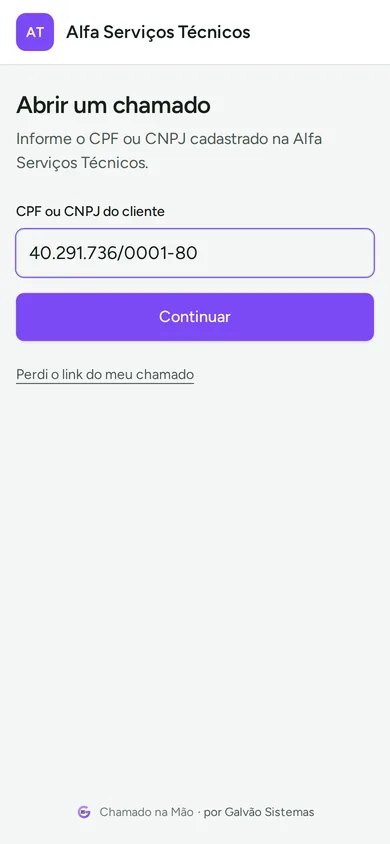 Abertura de chamado no celular: cliente digita o CNPJ na página da Alfa Serviços Técnicos (dados fictícios)