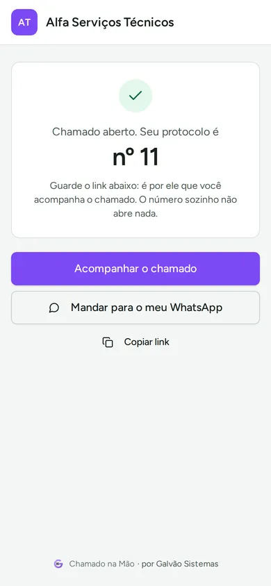 Chamado aberto com o protocolo nº 11 e o botão para mandar o link ao WhatsApp