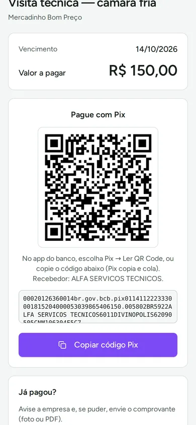 Página de pagamento com QR Code Pix e botão para copiar o código