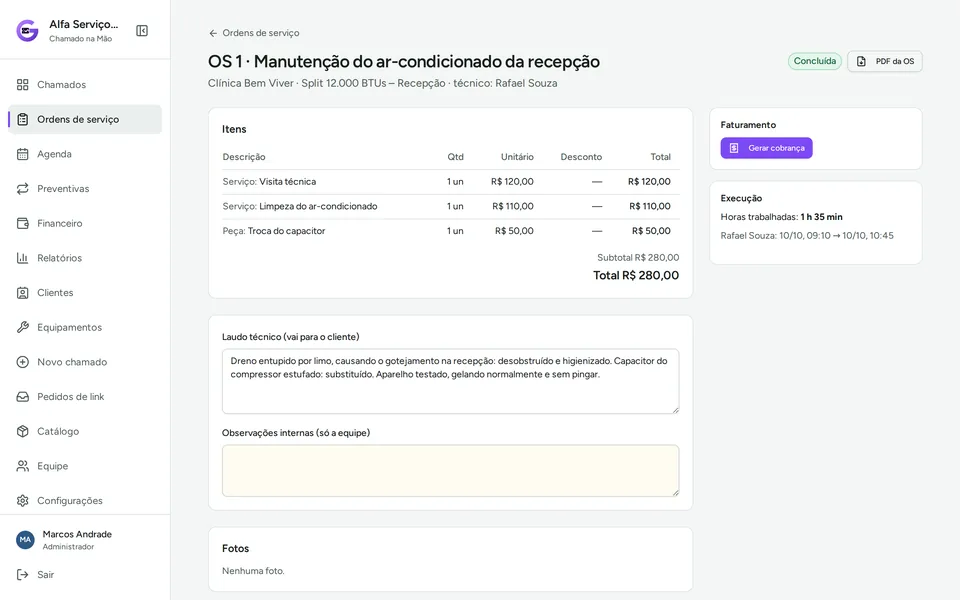 Ordem de serviço do ar-condicionado da Clínica Bem Viver com itens, total de R$ 280,00 e assinatura