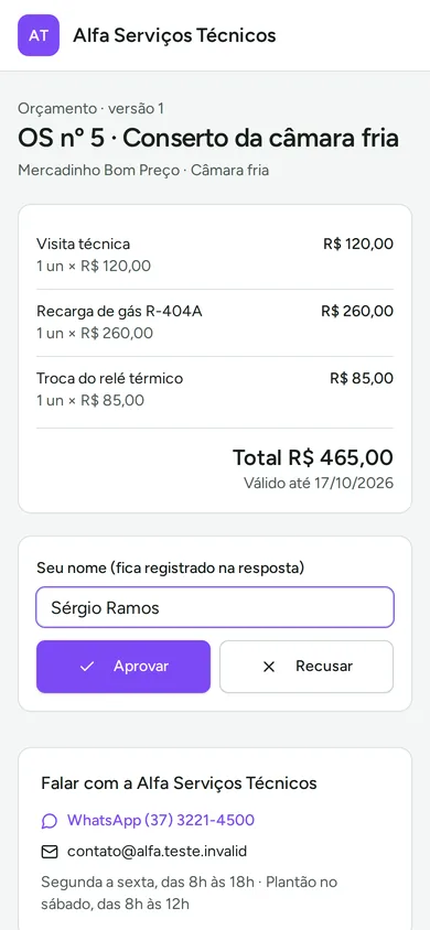 Orçamento da câmara fria aberto no celular do cliente com os botões Aprovar e Recusar