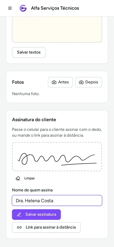 Assinatura do cliente na tela do celular do técnico