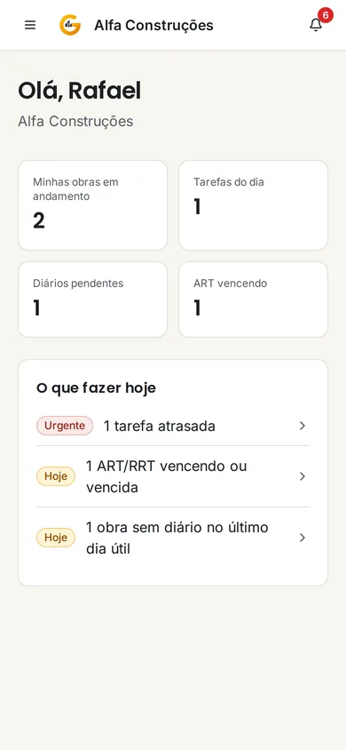 Início do engenheiro no celular com as obras e o que fazer hoje (dados fictícios)