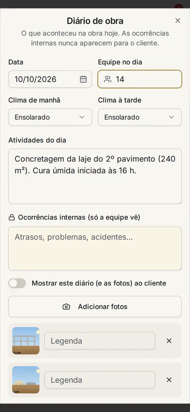 Diário de obra no celular com fotos e legendas (dados fictícios)