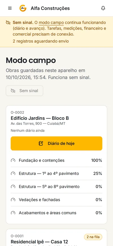 Modo campo sem sinal com registros aguardando envio (dados fictícios)