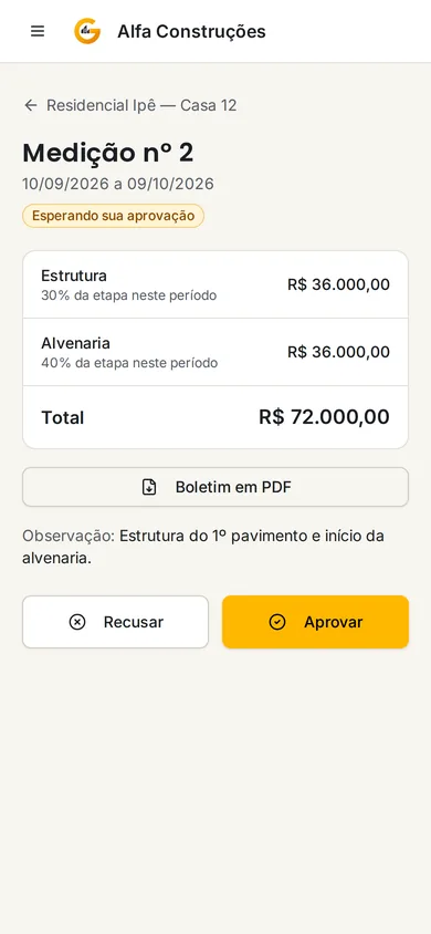 Portal do cliente no celular com a medição para aprovar ou recusar (dados fictícios)
