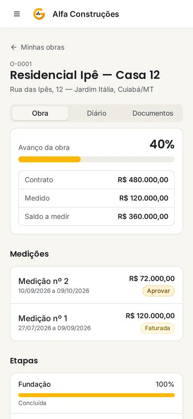 Portal do cliente com o avanço, contrato, medido e saldo da obra (dados fictícios)