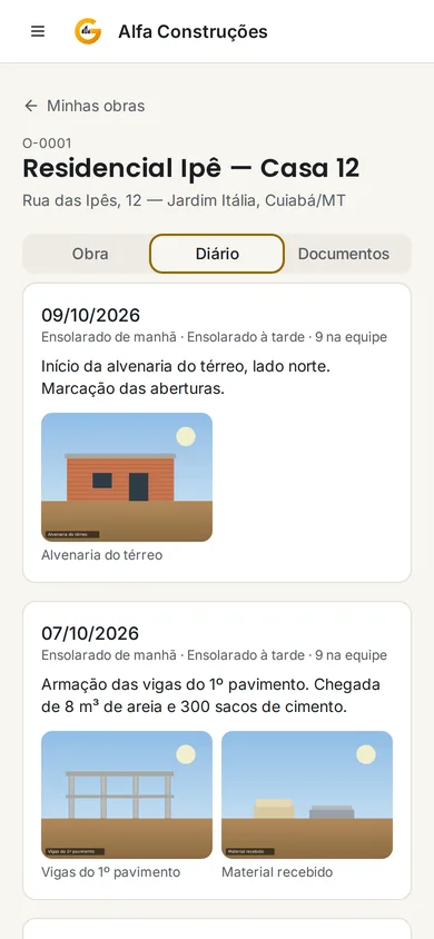Portal do cliente com os diários de obra liberados (dados fictícios)