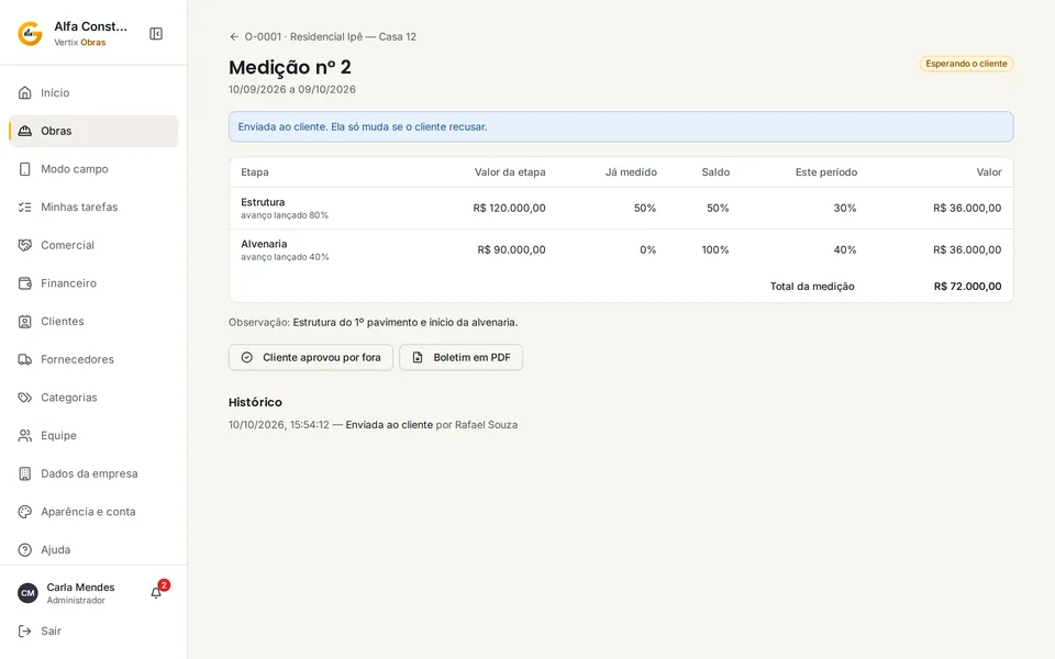 Boletim de medição enviado ao cliente, com etapas e total (dados fictícios)