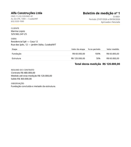 PDF do boletim de medição com os dados da Alfa Construções (fictícia)
